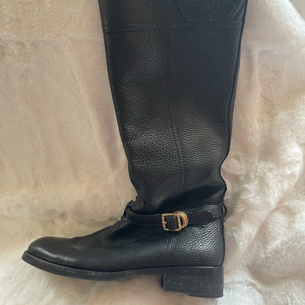 Tory Burch Black Pebbled Leather Riding Boots